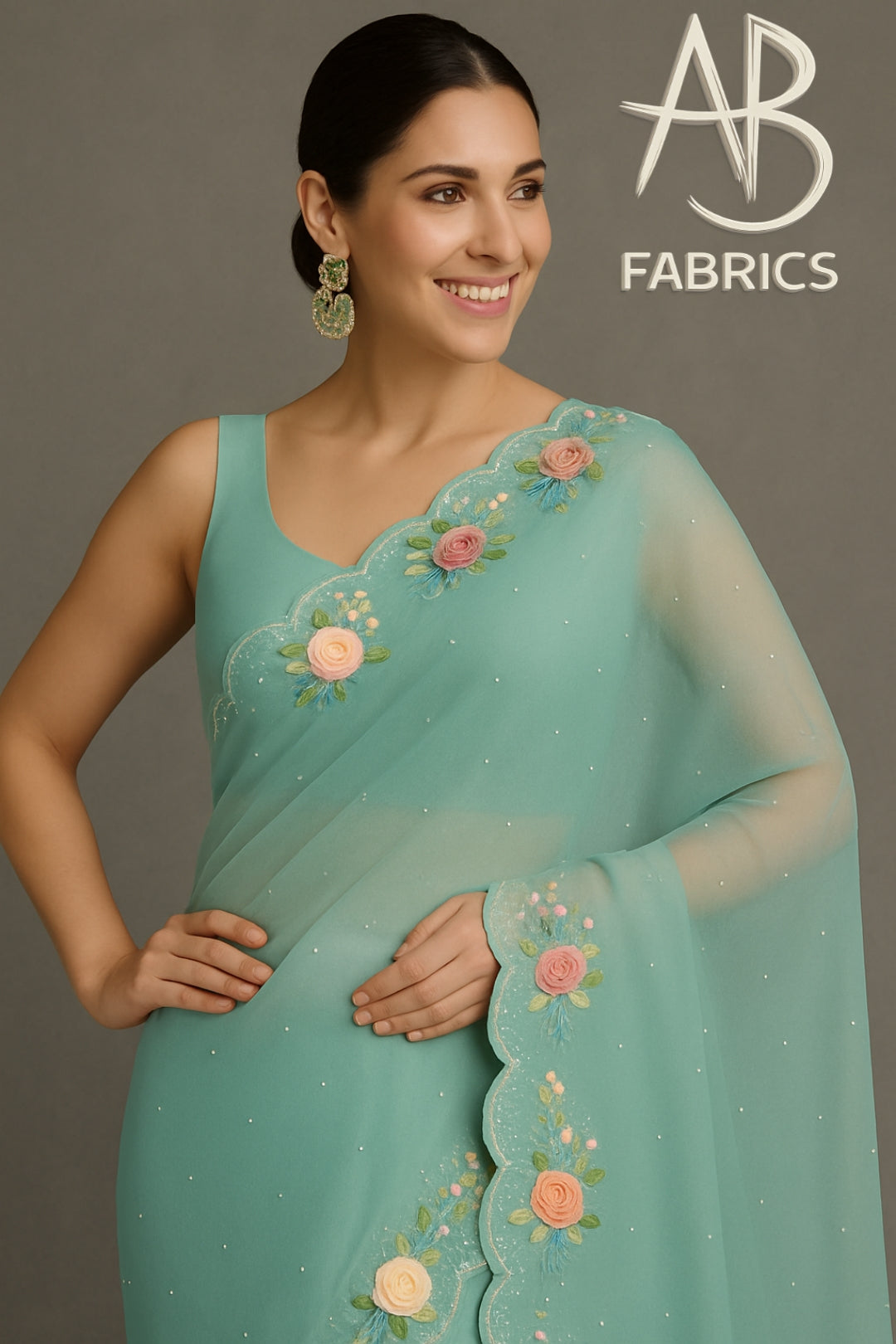 Organza Silk Saree With Beautiful French Knot And Beads Work Saree OFK03