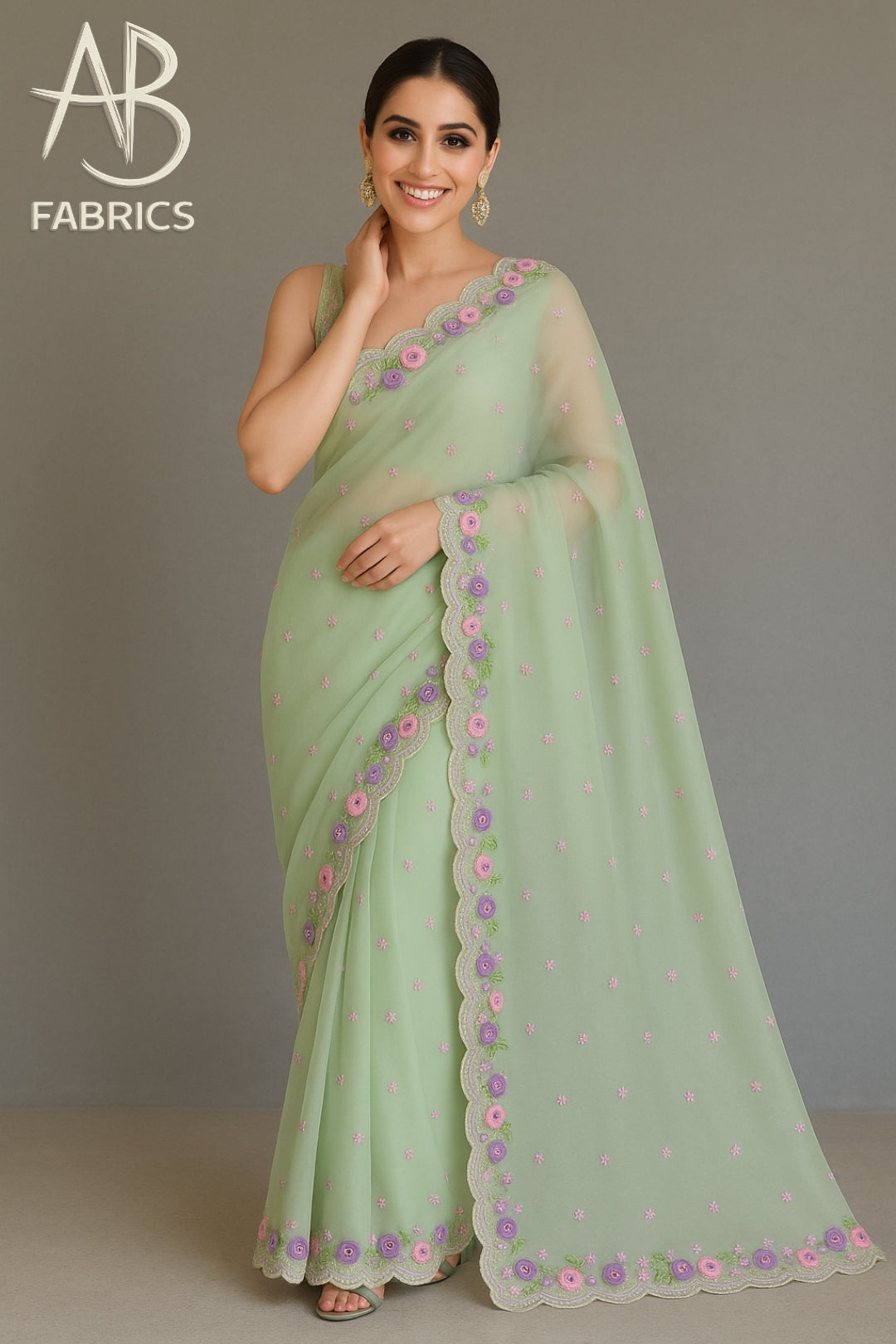 Organza Silk Saree With Beautiful French Knot And Beads Work Saree OFK05