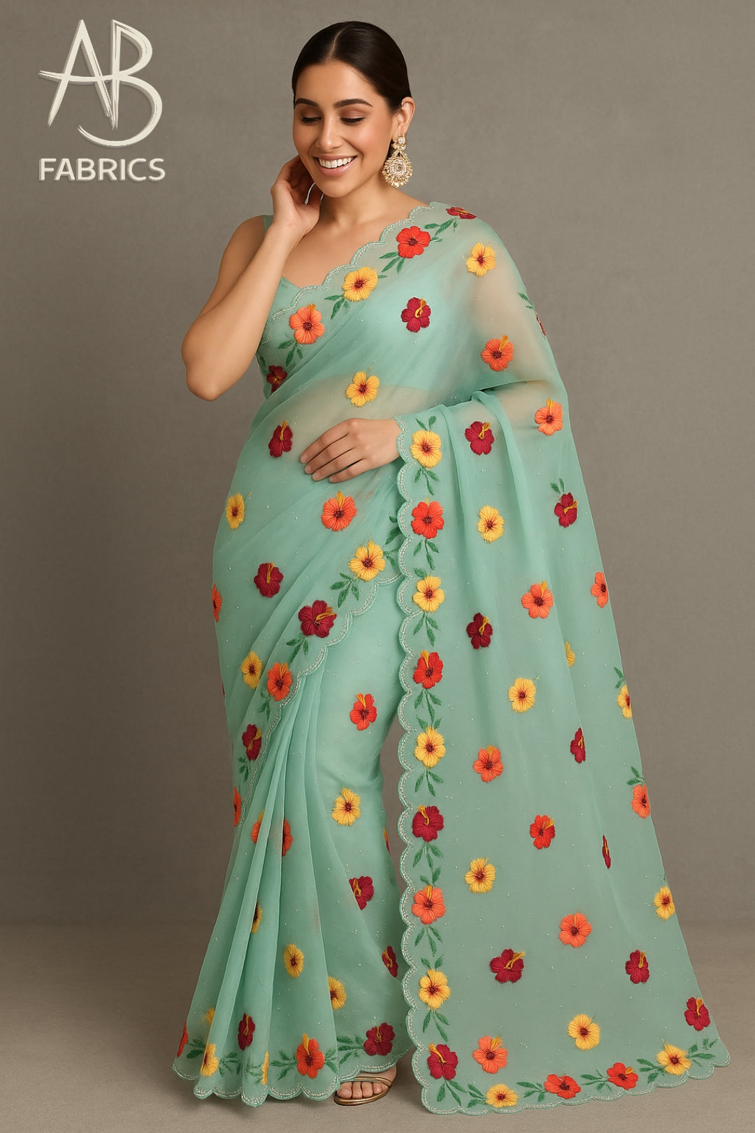 Organza Silk Saree With Beautiful French Knot And Beads Work Saree OFK02