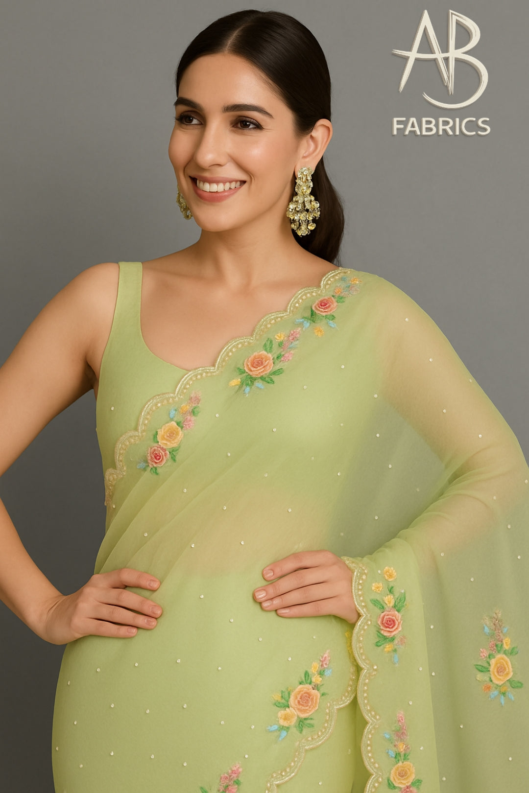 Organza Silk Saree With Beautiful French Knot And Beads Work Saree OFK06