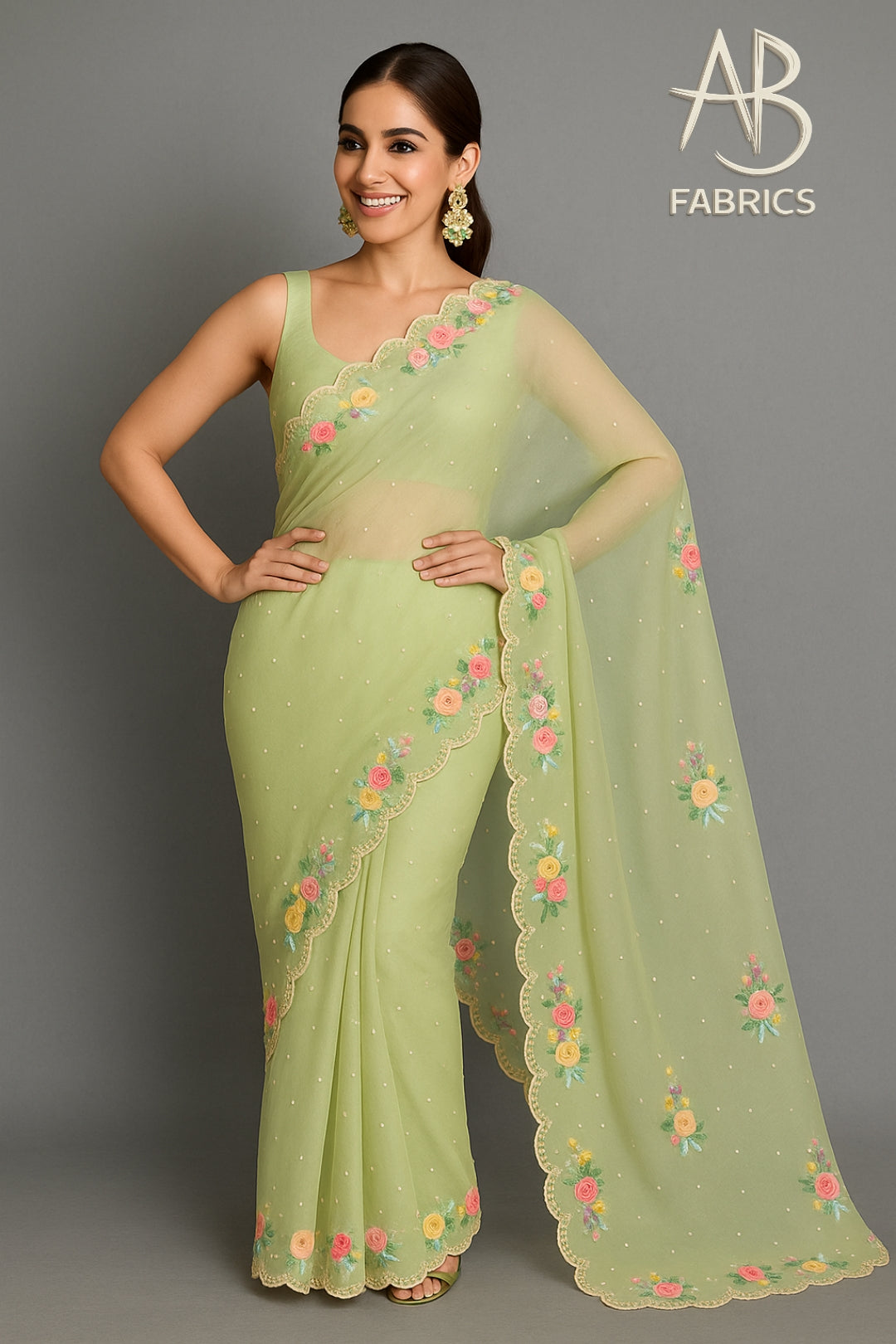 Organza Silk Saree With Beautiful French Knot And Beads Work Saree OFK06