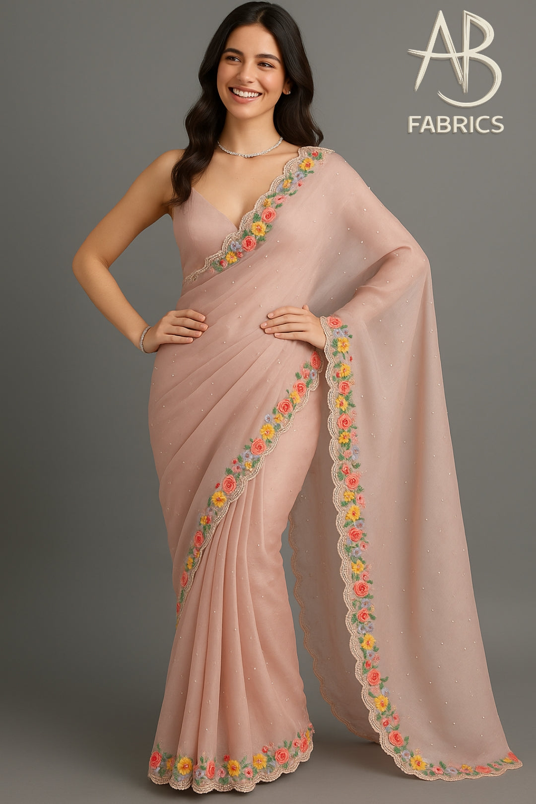 Organza Silk Saree With Beautiful French Knot And Beads Work Saree OFK07