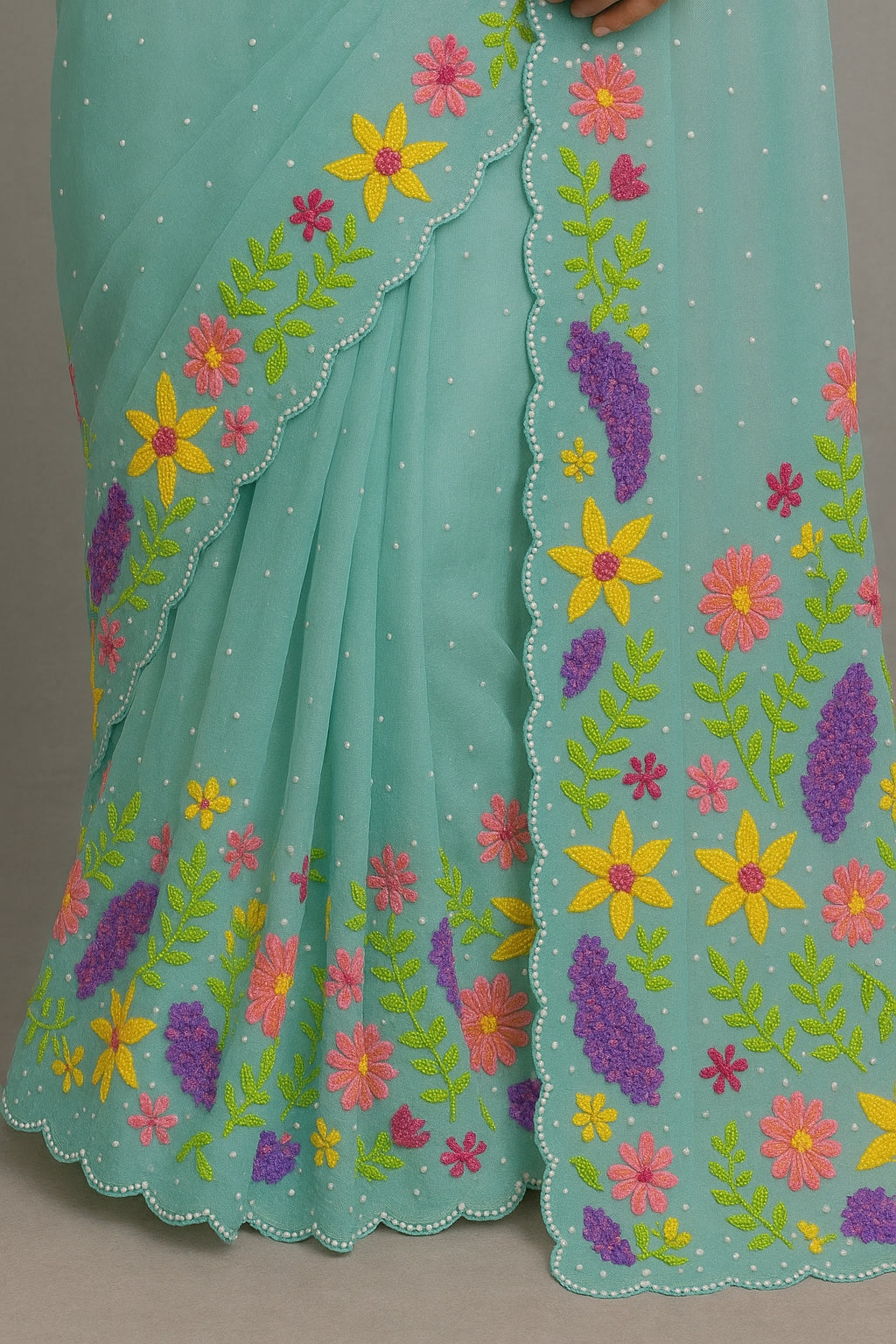 Elegant Aqua Blue Organza Saree with Multicolor Floral Embroidery and Pearl Detailing