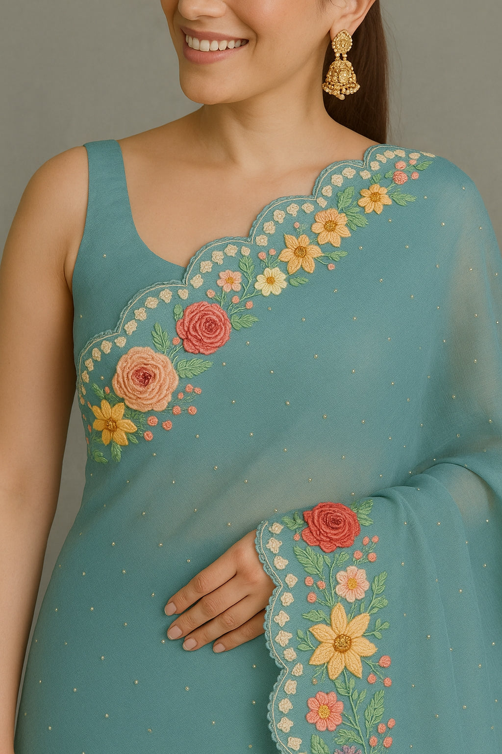 Elegant Teal Organza Saree with Floral French Knot Embroidery and Scalloped Border OFE01