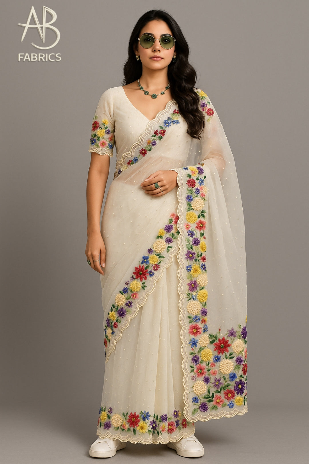Elegant Ivory Organza Saree with Multicolor 3D Floral Embroidery