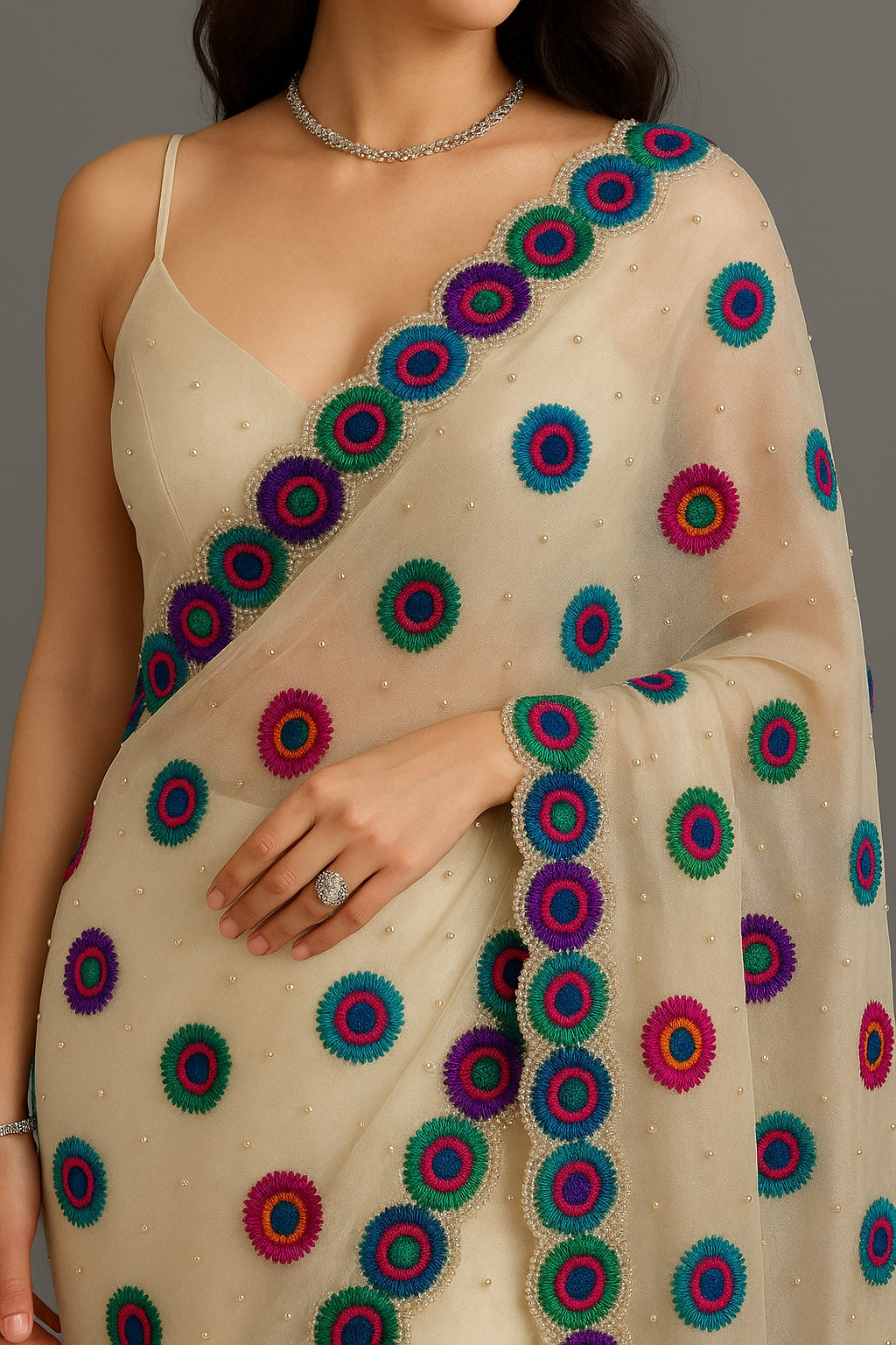 Embroidered Concentric Circles Ivory Organza Saree with Pearl Accents