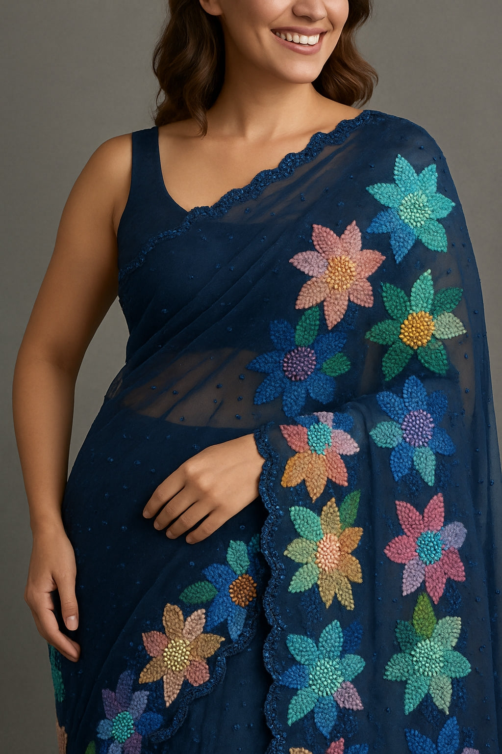 Navy Blue Organza Saree with Vibrant Multicolor Thread Embroidery