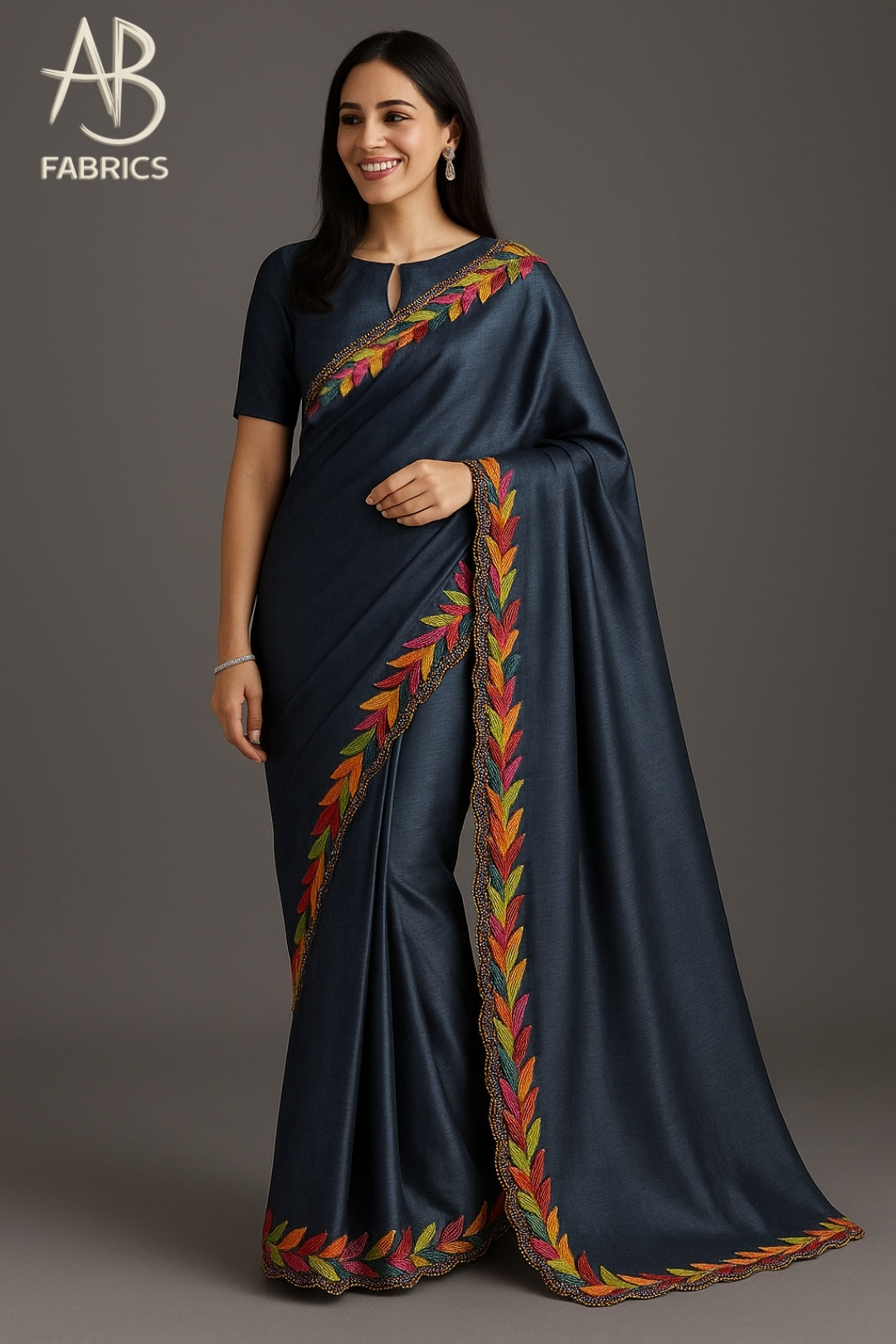Sophisticated Steel Blue Pure Tussar Munga Silk Saree with Vibrant Embroidered Leaf Border