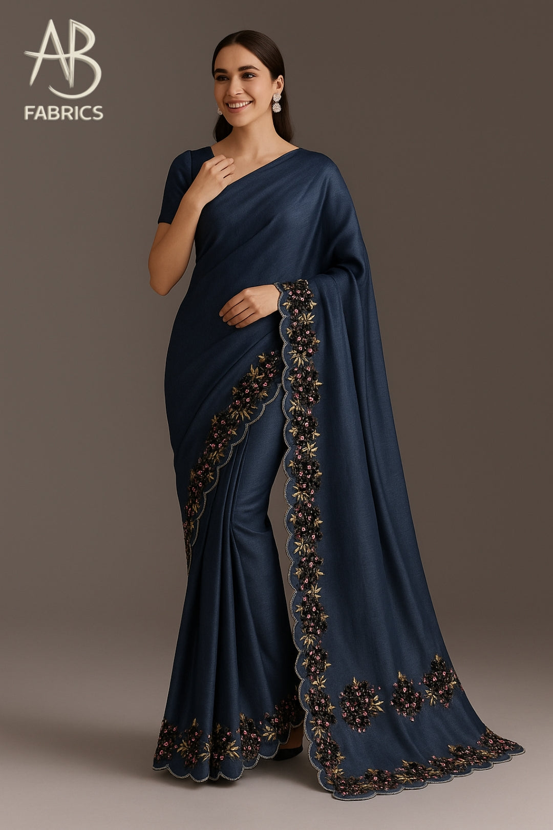 Deep Blue Pure Tussar Munga Silk Saree with Scalloped Floral Cluster Handwork Saree