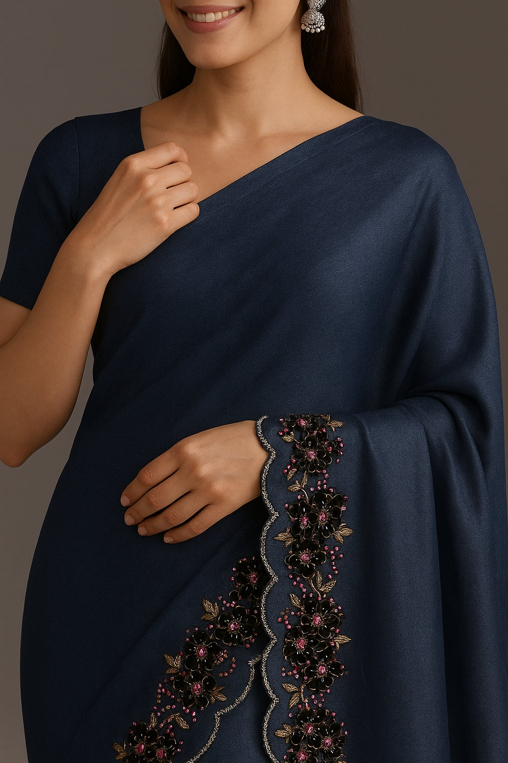 Deep Blue Pure Tussar Munga Silk Saree with Scalloped Floral Cluster Handwork Saree