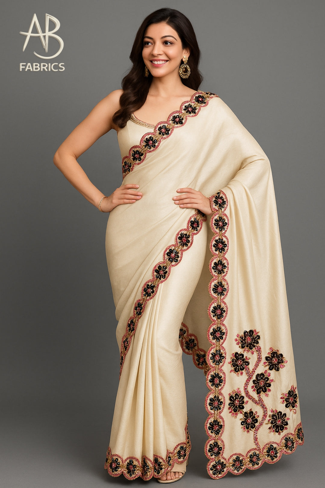 Chic Cream Pure Tussar Munga Silk Saree with Striking Black & Pink Beaded Floral Border