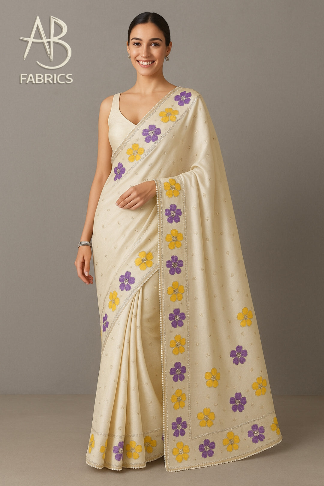 Kerala's Floral Embrace Ivory Pure Tussar Munga Silk Saree with beaded Border Saree