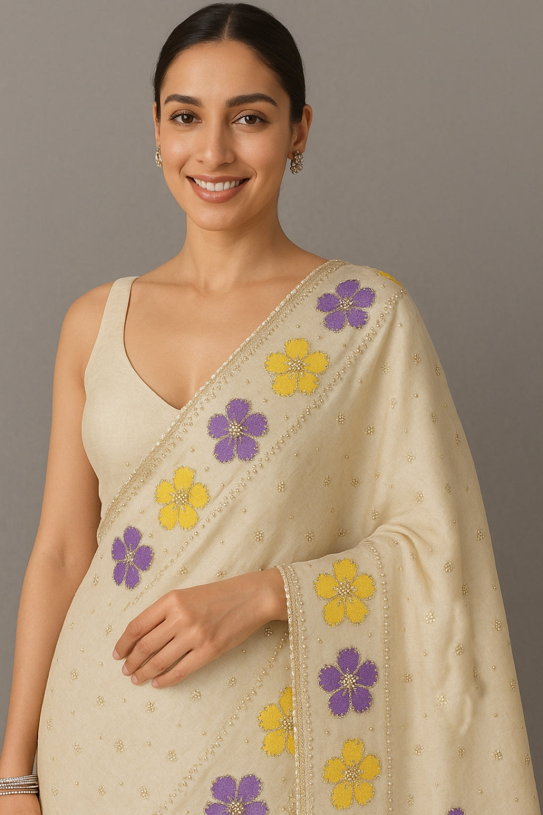 Kerala's Floral Embrace Ivory Pure Tussar Munga Silk Saree with beaded Border Saree