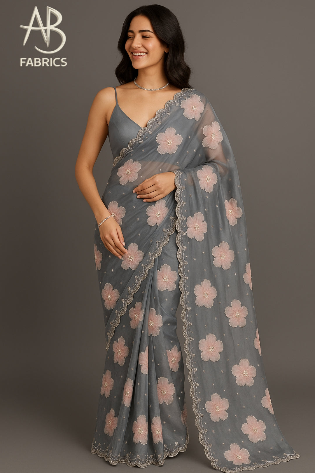Elegant Charcoal Grey Organza Saree with Blush Pink Floral Work and Beaded Scalloped Border