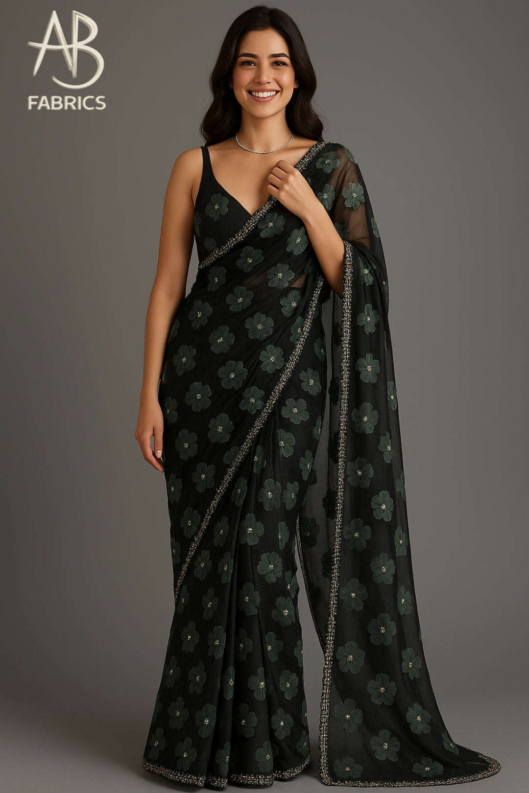 Elegant Black Organza Saree with Deep Green Floral Handwork and Metallic Beadwork