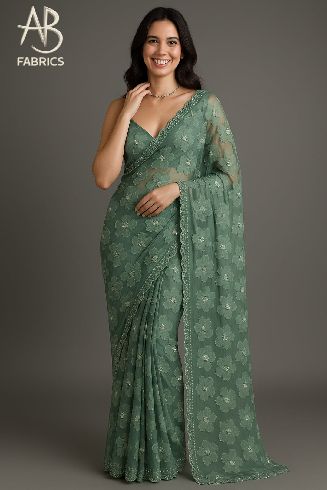 Elegant Sage Green Floral Handwork Saree with Scalloped