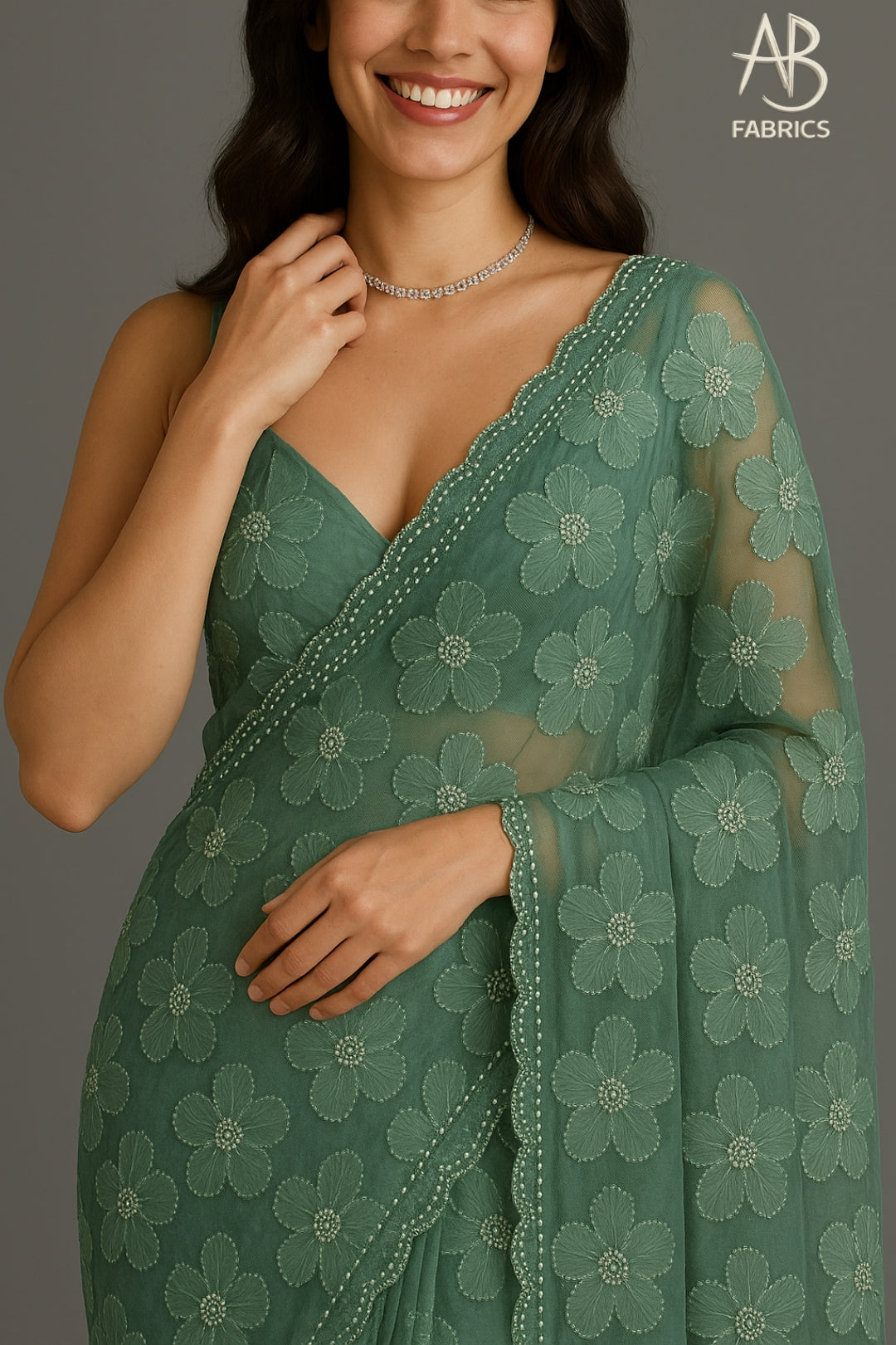 Elegant Sage Green Floral Handwork Saree with Scalloped