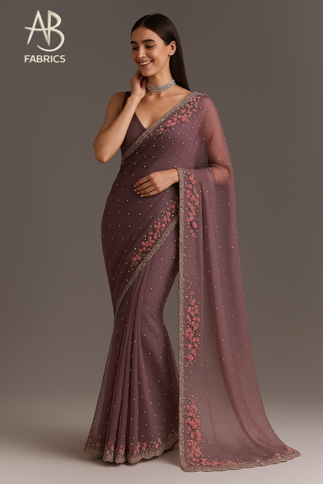 Elegant Dusty Mauve Organza Saree with Floral Beaded Border and Scattered Pearl Accents