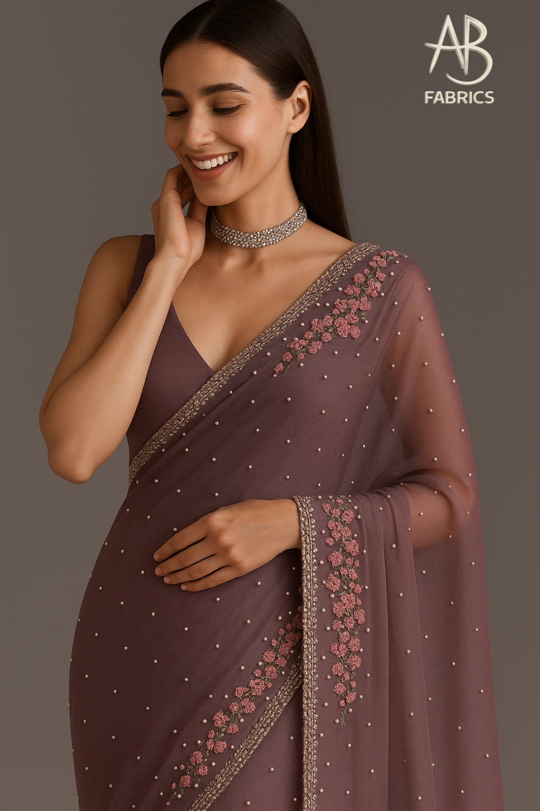 Elegant Dusty Mauve Organza Saree with Floral Beaded Border and Scattered Pearl Accents