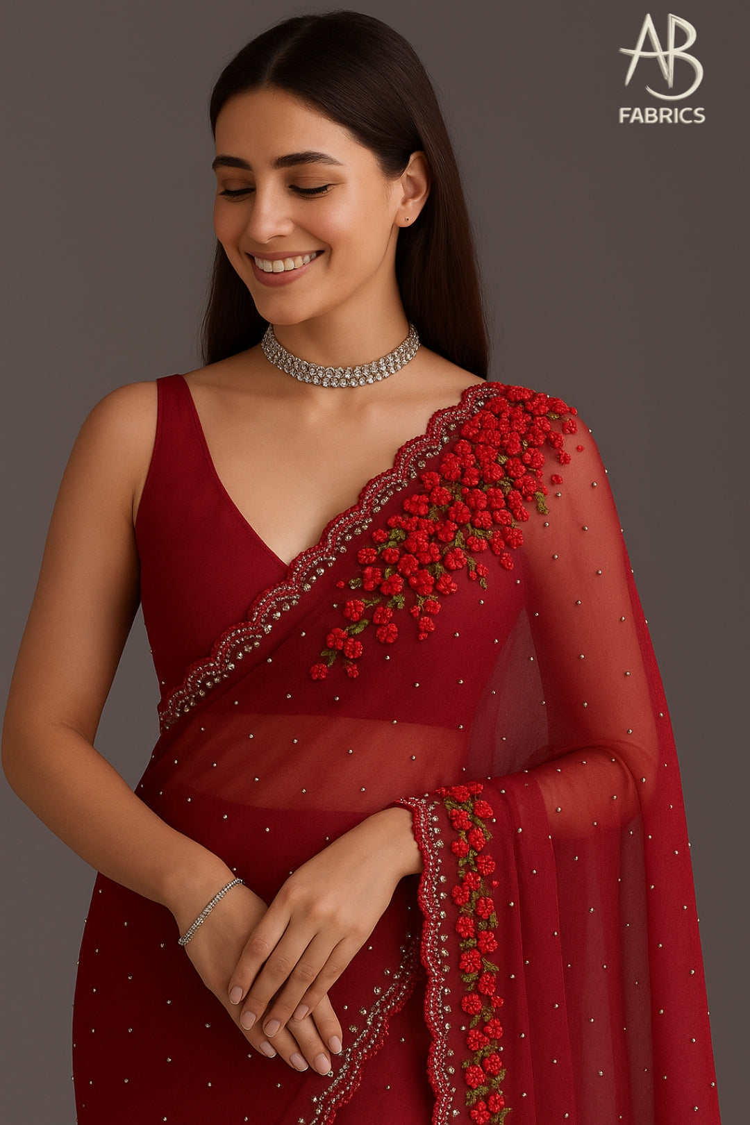 Elegant Red Organza Saree with Floral Beaded Border and Scattered Pearl Accents