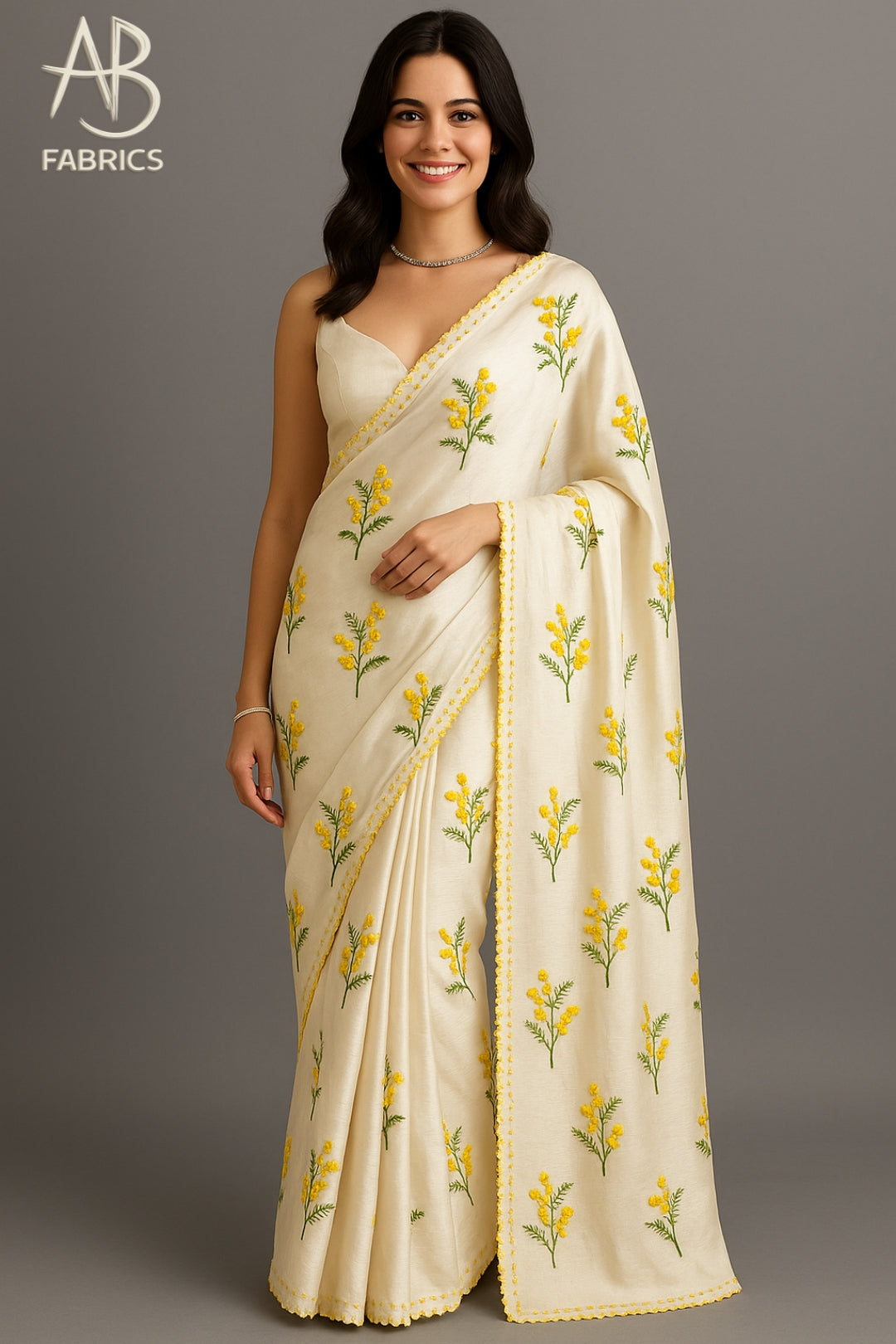 Yellow Wildflower Embroidered Pure Tussar Munga Silk Saree