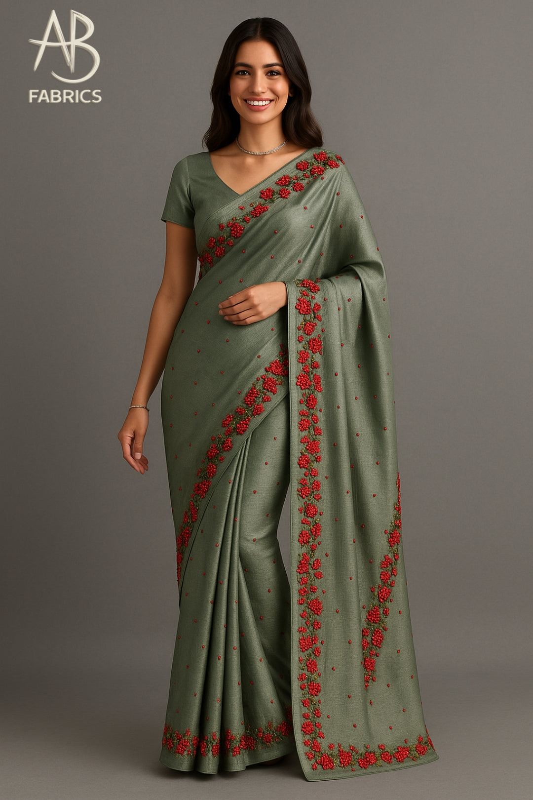 Olive Green Pure Tussar Munga Saree with Crimson Rose Embroidery