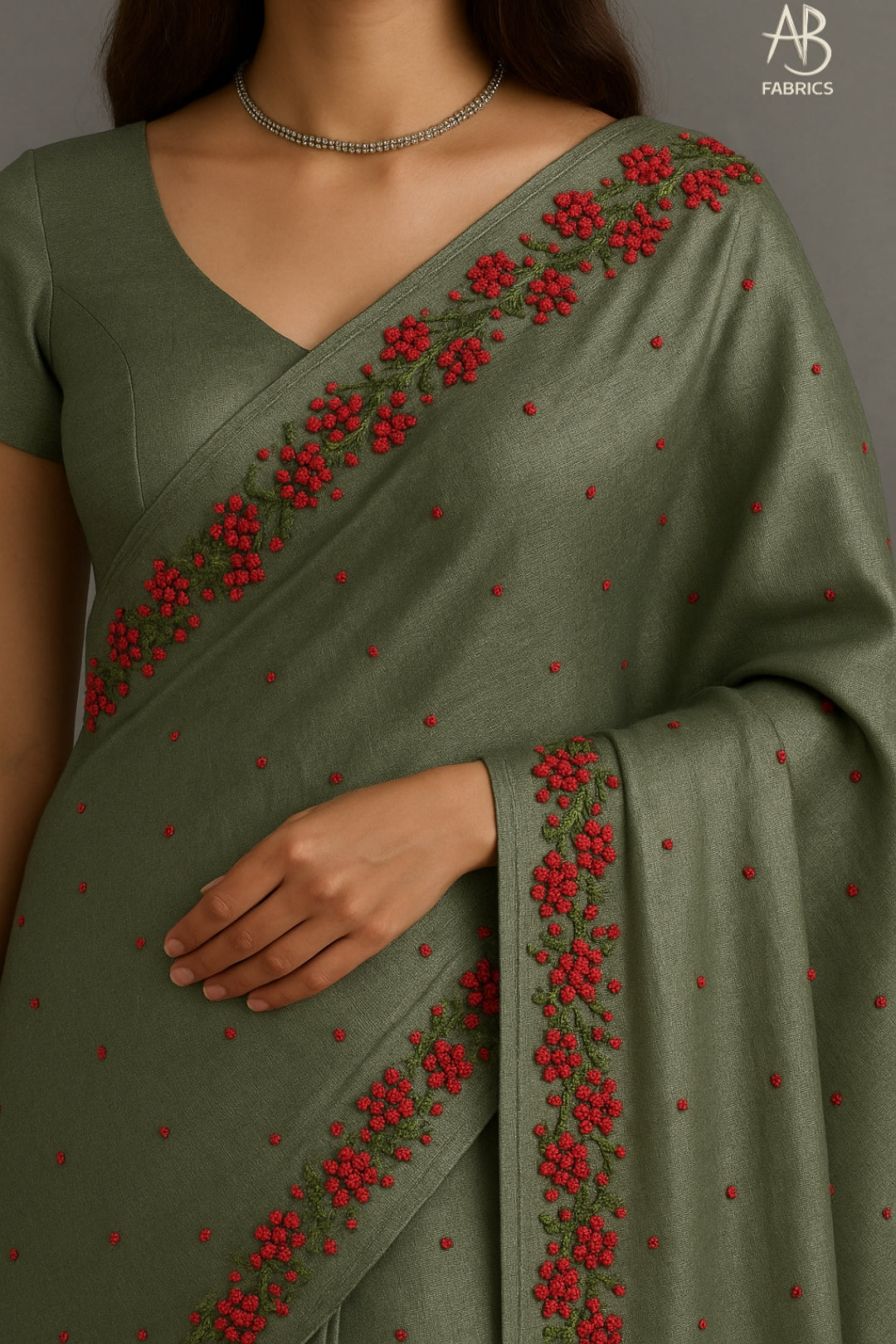 Olive Green Pure Tussar Munga Saree with Crimson Rose Embroidery