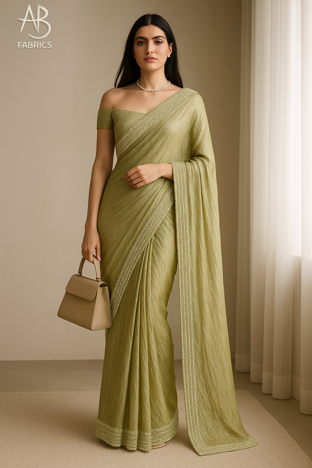 Olive Green Crushed Tissue Silk Saree with Delicate Beadwork