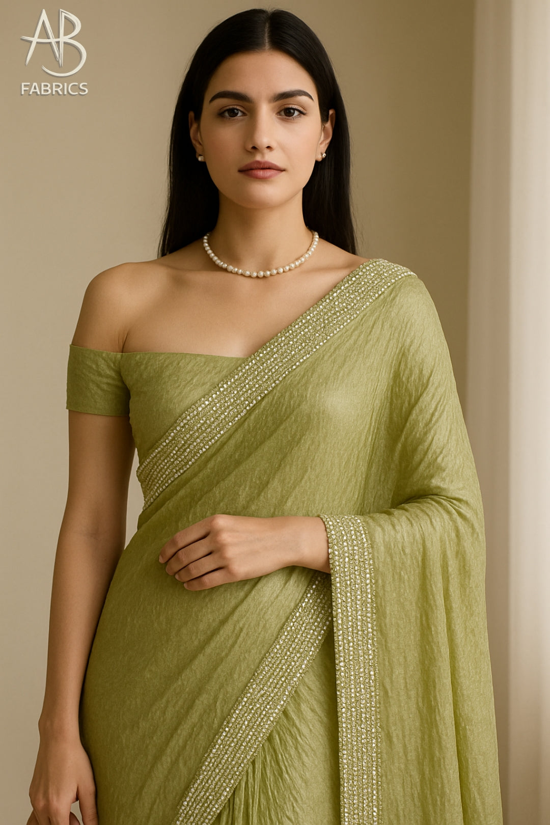 Olive Green Crushed Tissue Silk Saree with Delicate Beadwork