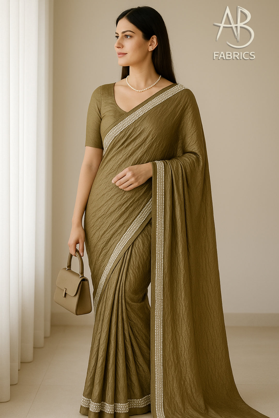 Mehendi Green Crushed Tissue Silk Saree with Delicate Beadwork