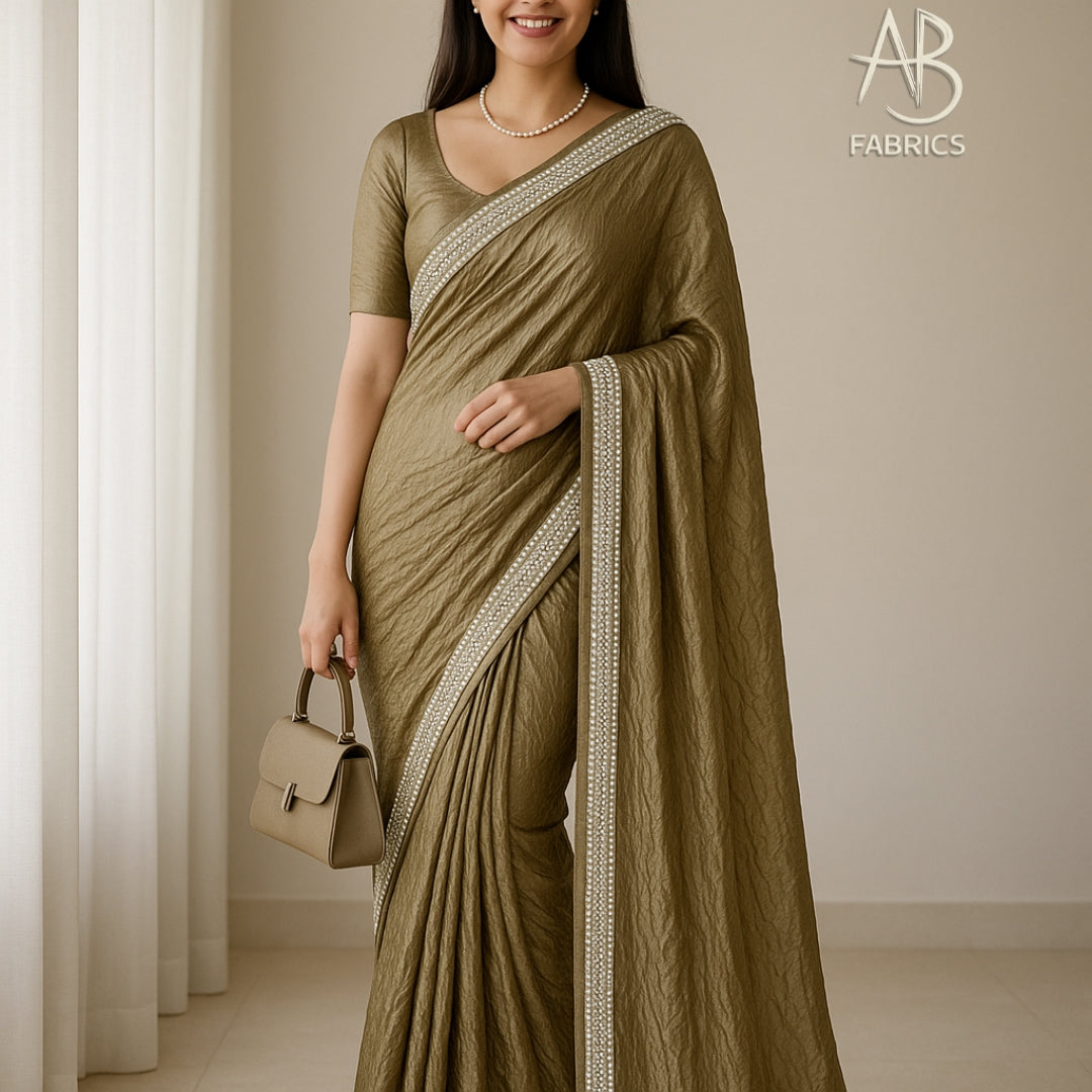 Mehendi Green Crushed Tissue Silk Saree with Delicate Beadwork