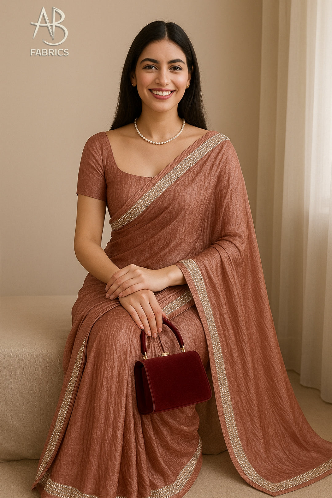 Rose Brown Crushed Tissue Silk Saree with Delicate Beadwork