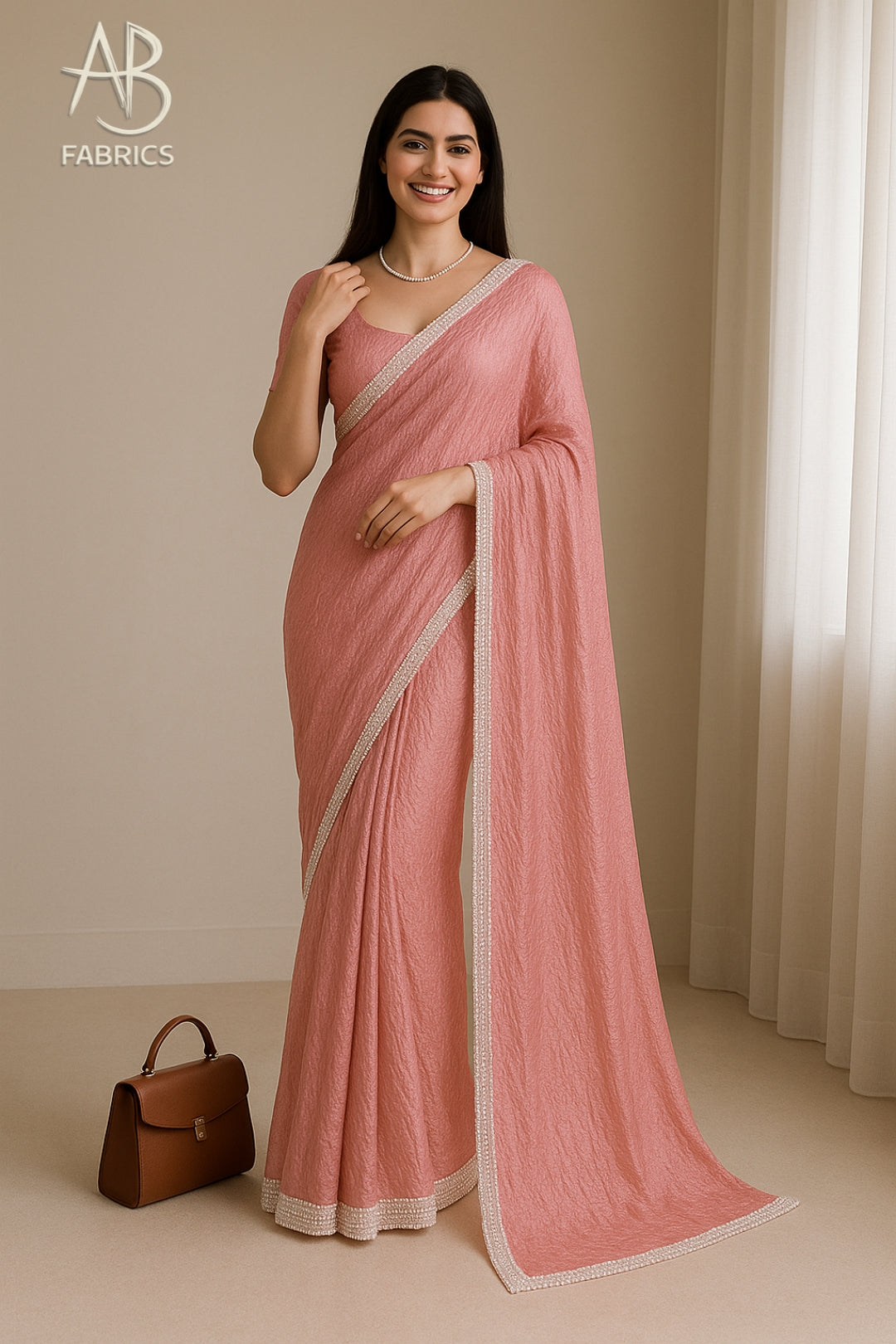 Rose Pink Crushed Tissue Silk Saree with Delicate Beadwork