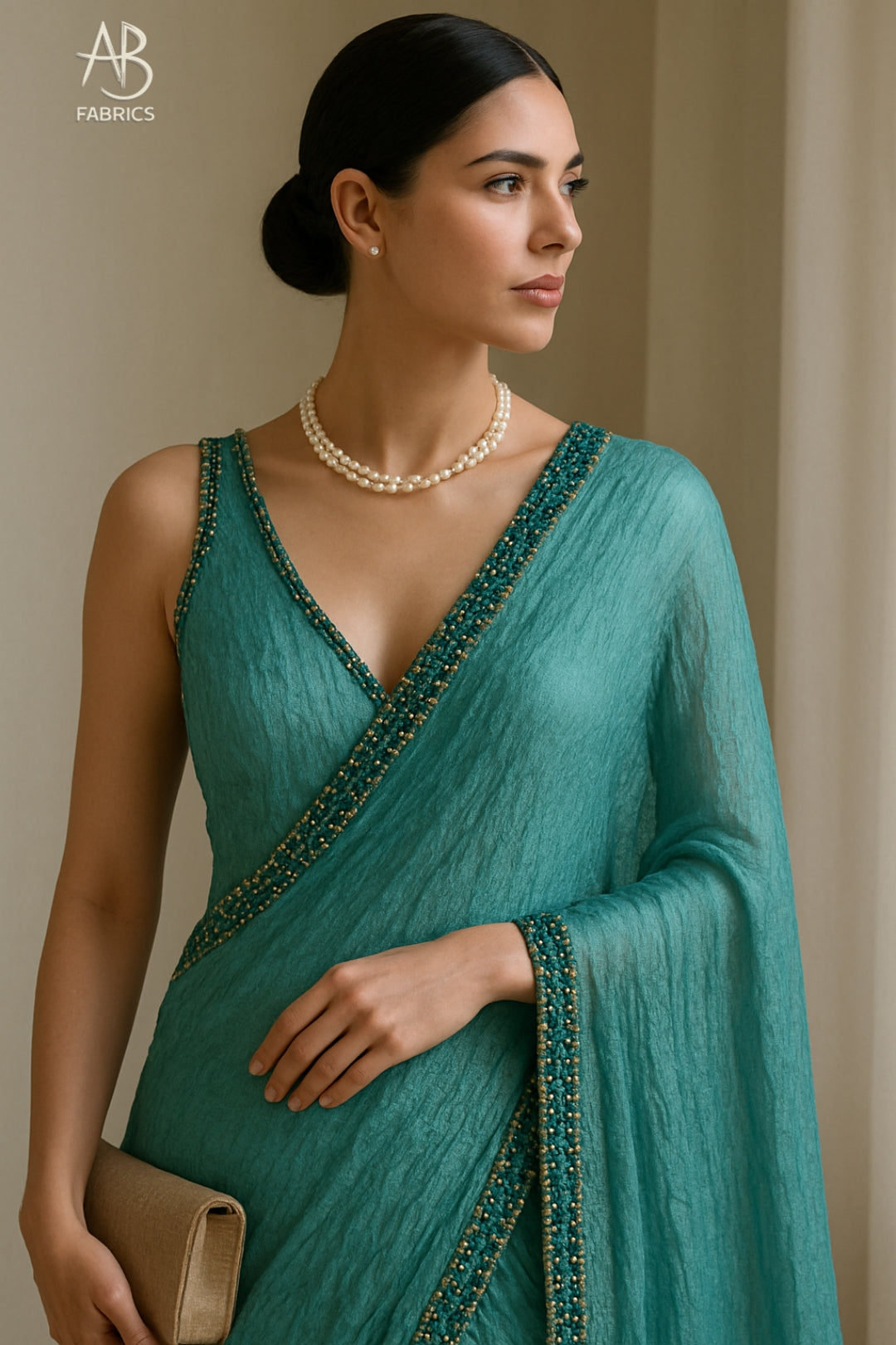 Peacock Teal Crushed Tissue Silk Saree with Delicate Beadwork