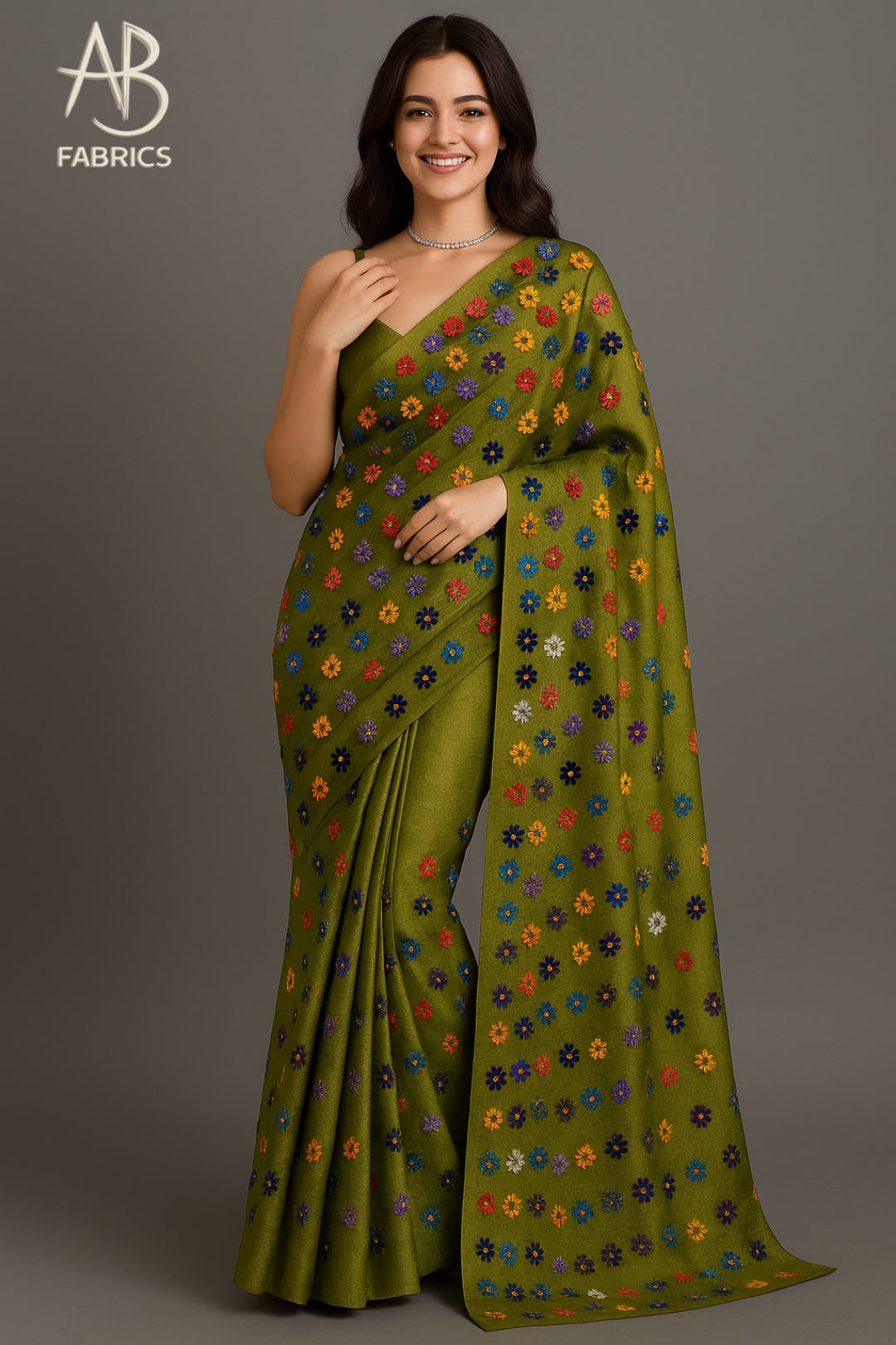 Olive Green Pure Tussar Munga Silk Saree with Scattered "Wildflower" Embroidery
