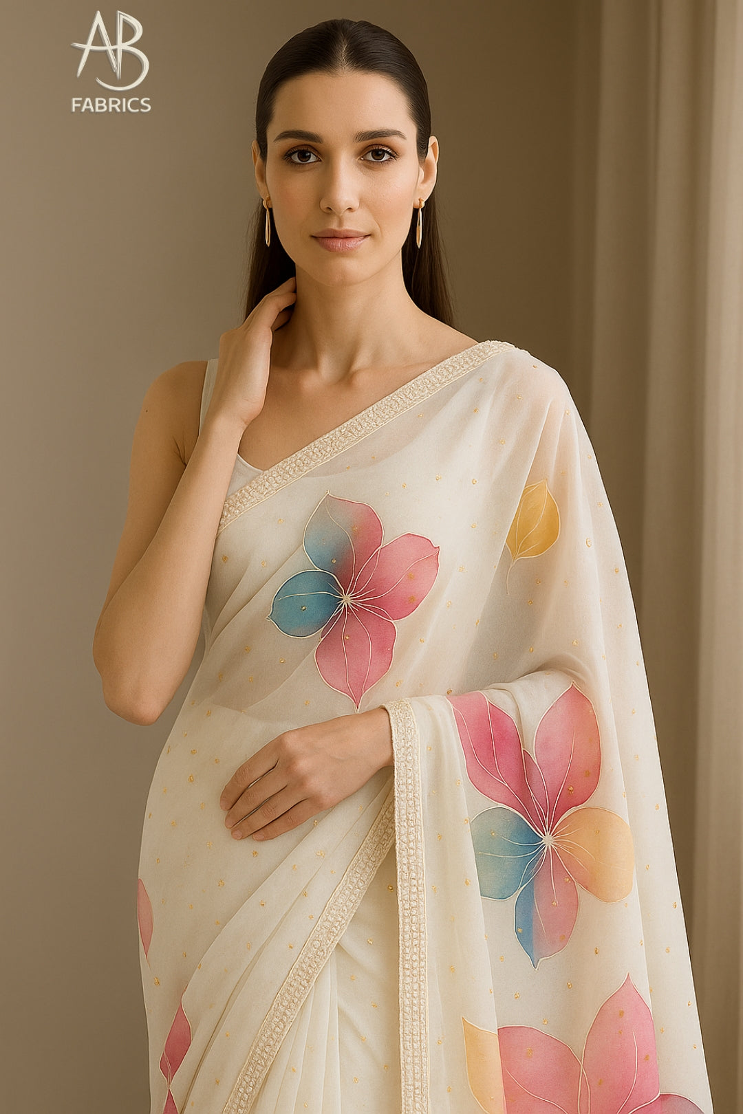 Hand-Painted Floral Organza Saree with Delicate Hand-Work Border OPD04