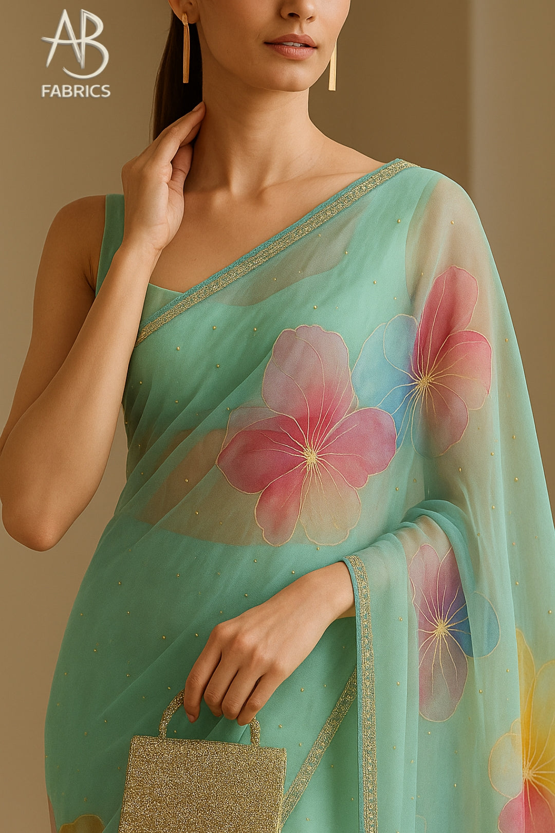 Hand-Painted Floral Organza Saree with Delicate Hand-Work Border OPD11