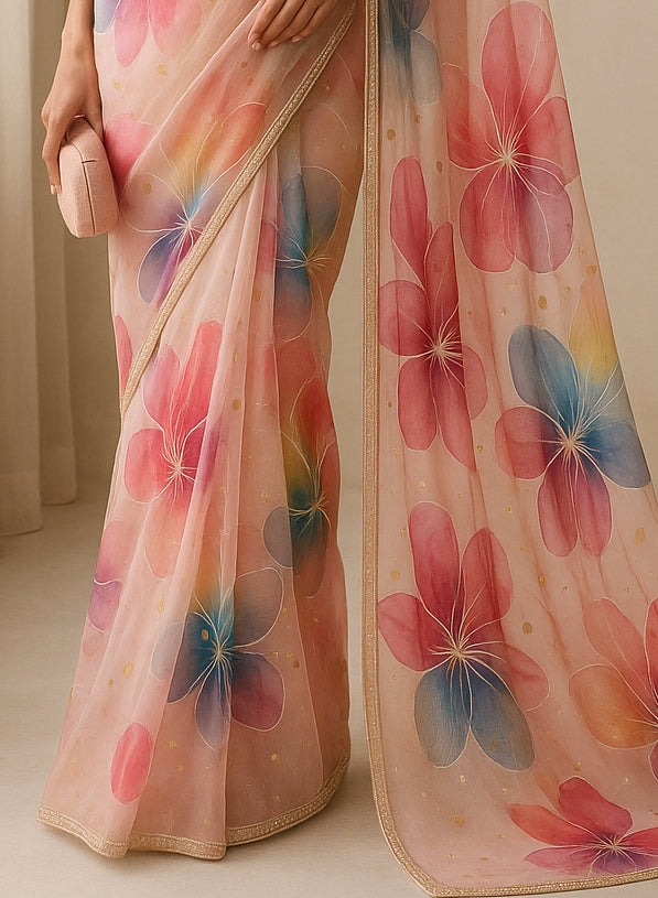 Hand-Painted Floral Organza Saree with Delicate Hand-Work Border OPD13