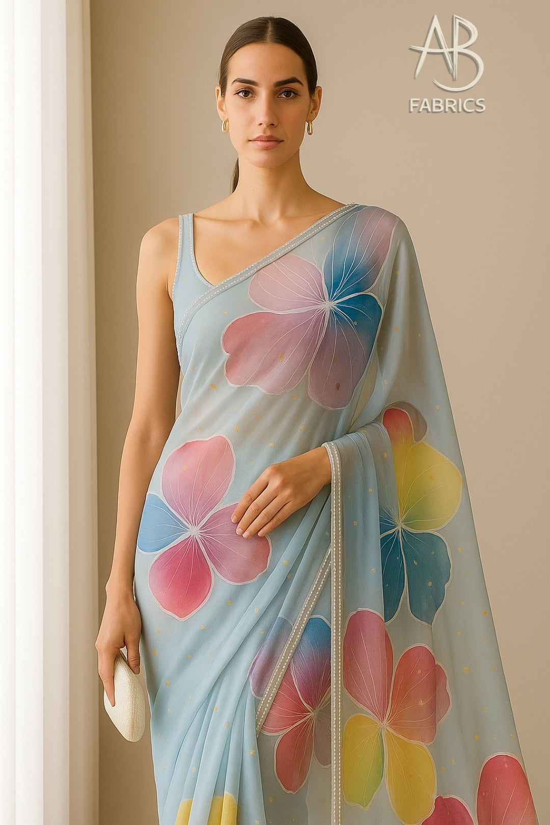 Hand-Painted Floral Organza Saree with Delicate Hand-Work Border OPD15