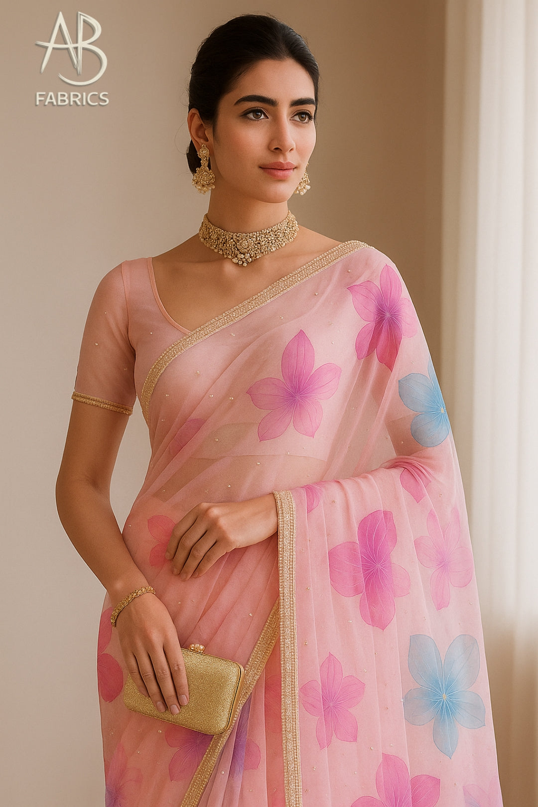 Hand-Painted Floral Organza Saree with Delicate Hand-Work Border OPD07