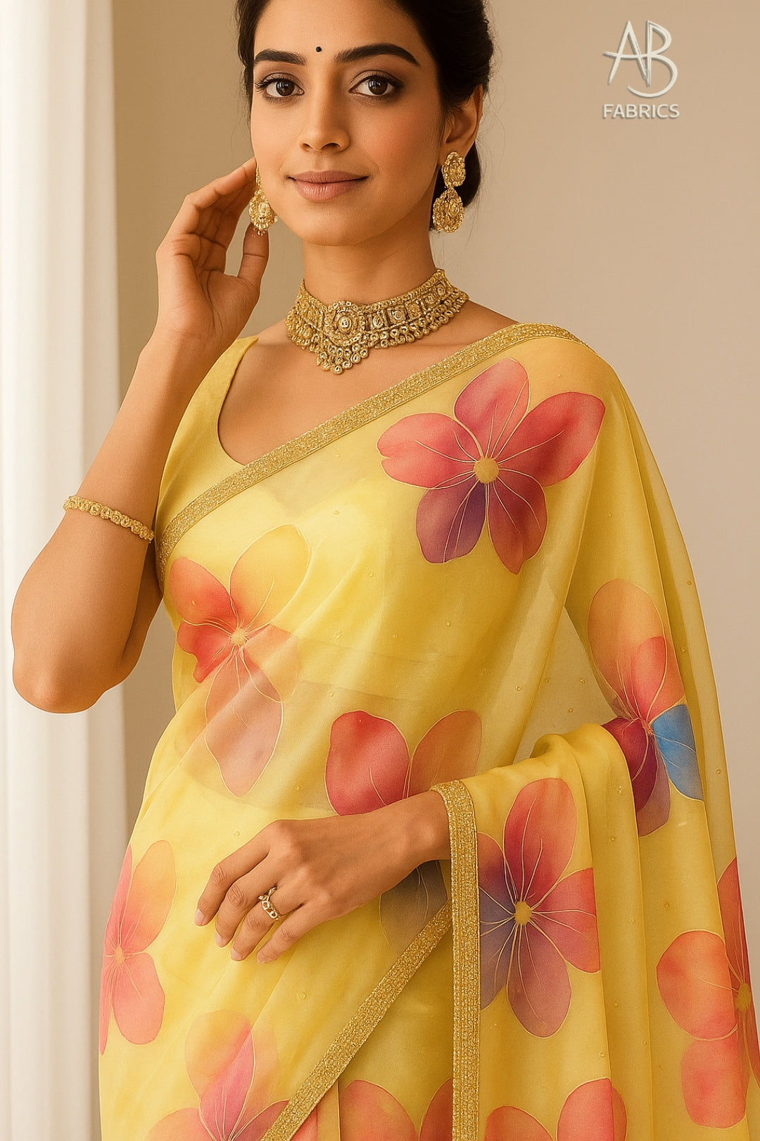Hand-Painted Floral Organza Saree with Delicate Hand-Work Border OPD09