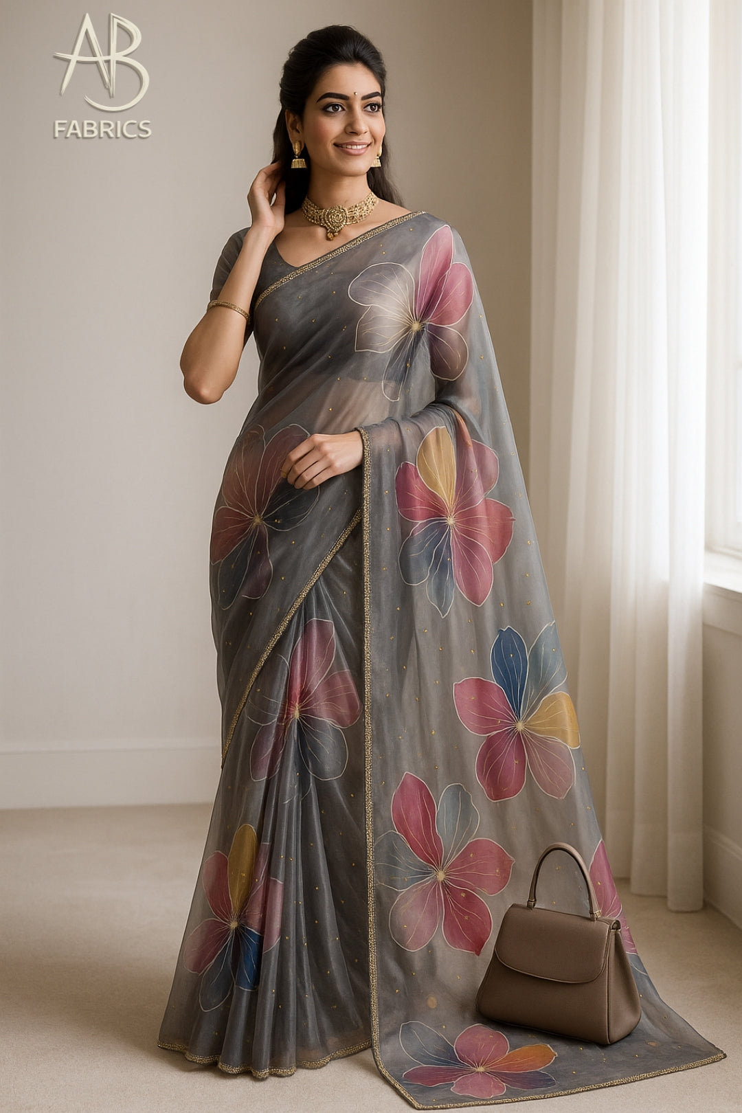 Hand-Painted Floral Organza Saree with Delicate Hand-Work Border OPD10