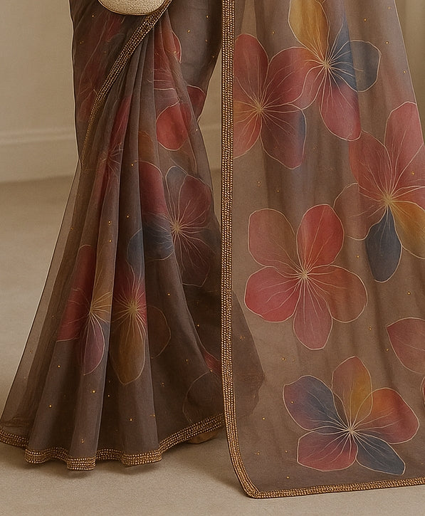 Hand-Painted Floral Organza Saree with Delicate Hand-Work Border OPD08