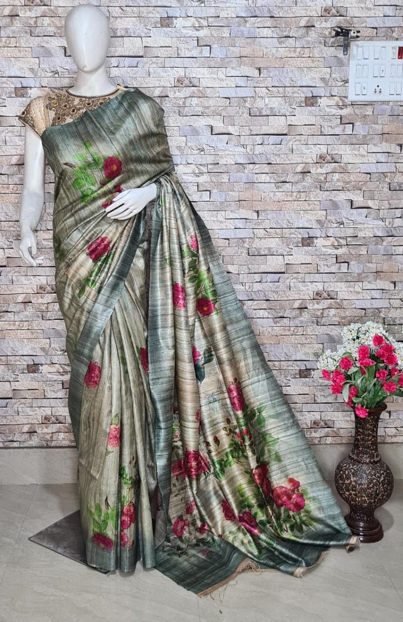 Digital Printed Pure Tussar Ghicha Silk Saree DTG09
