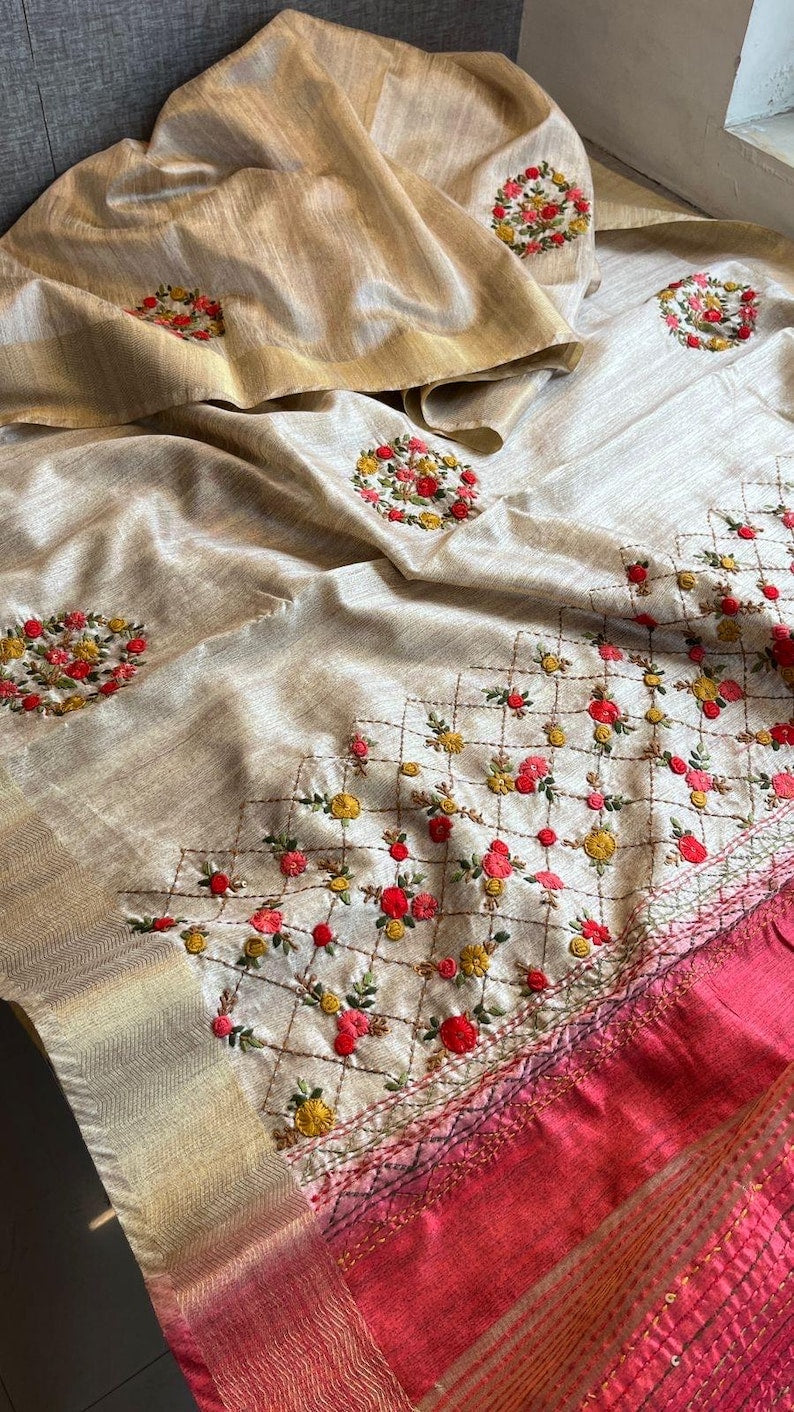 Handloom Pure Tussar Silk Saree with French Knot Embroidery Work Saree PTK04