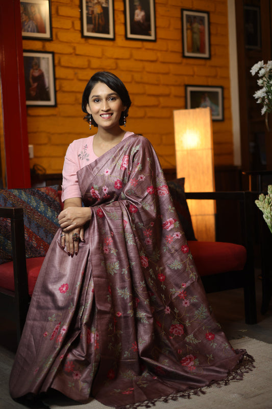 Bhagalpuri Pure Tussar Silk Saree With Beautiful Embroidery Work Saree BSE09