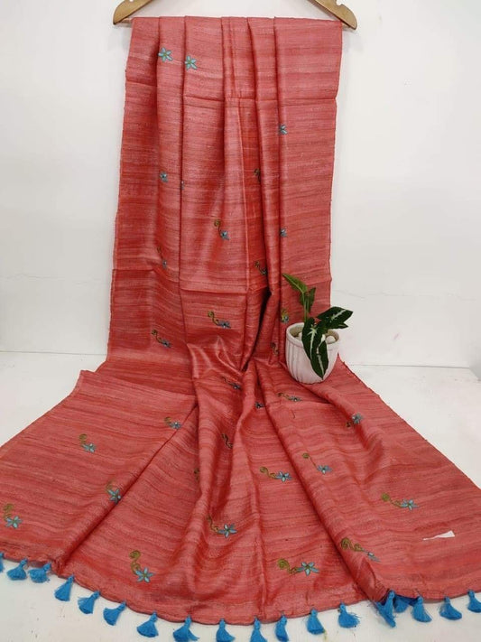 Pure Tussar Ghicha Saree With Beautiful Embrodery Work Saree PGS02