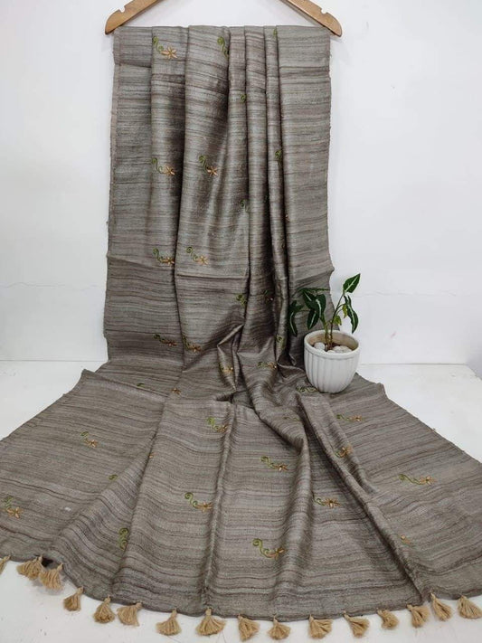 Pure Tussar Ghicha Saree With Beautiful Embrodery Work Saree PGS07