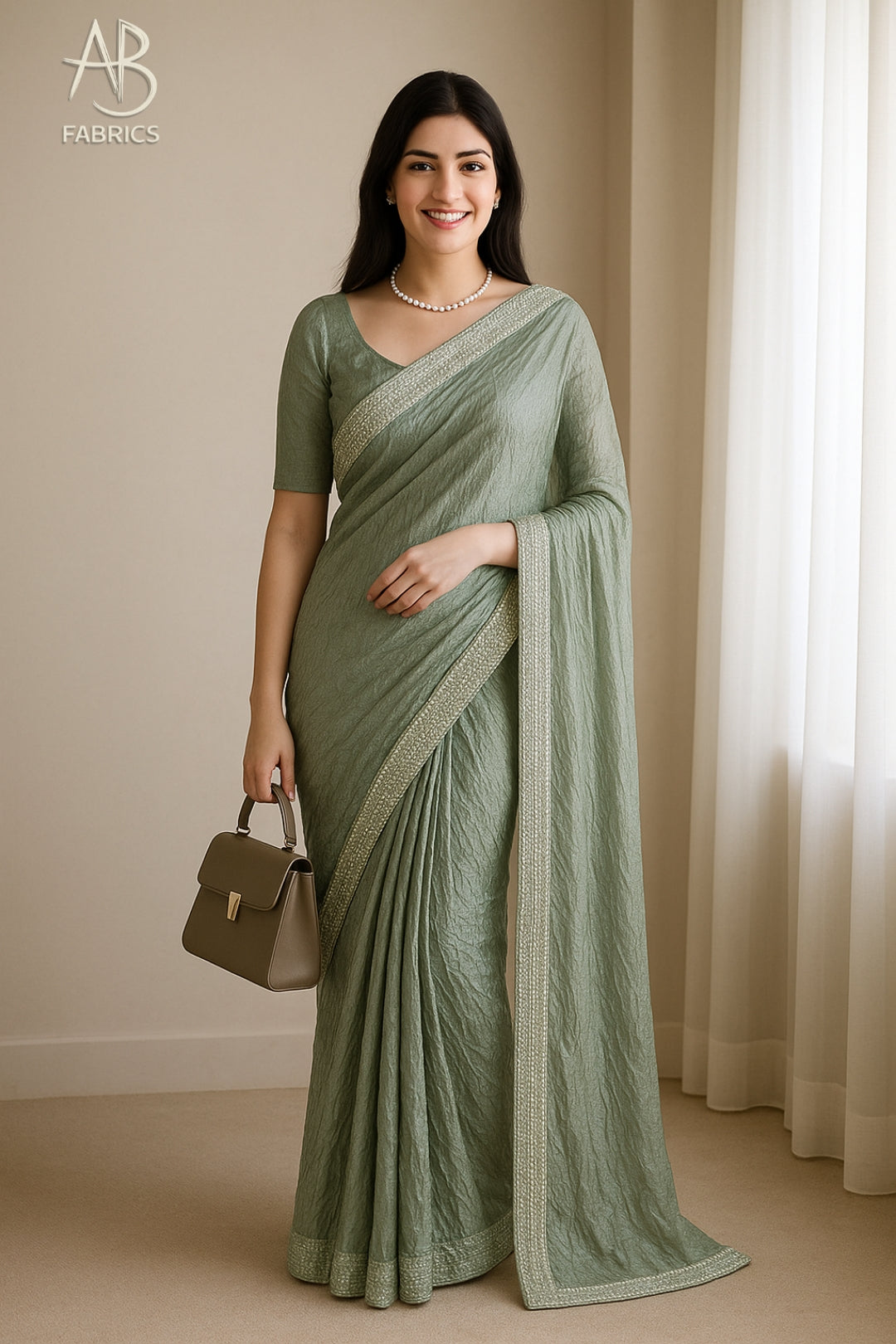 Mint Green Crushed Tissue Silk Saree with Delicate Beadwork