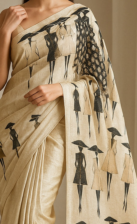 Hand-Printed Pure Tussar Silk Saree FH02